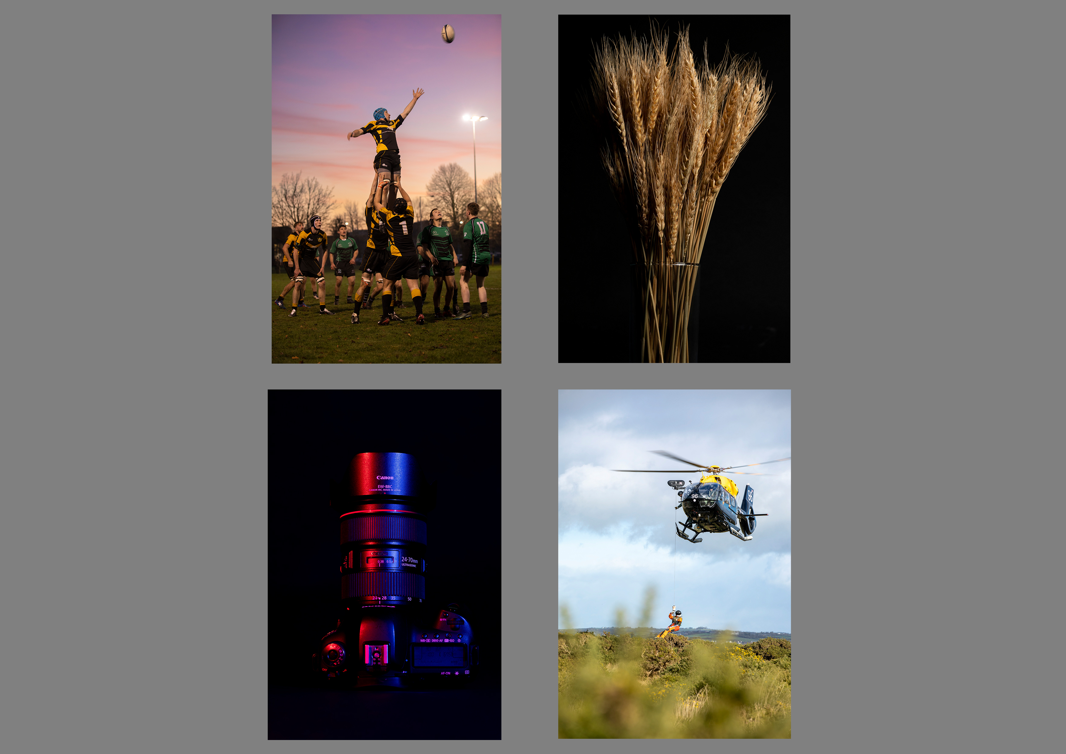 Image shows picture collage, featuring a rugby team; a bundle of wheat; a camera illuminated by neon lights; and an aviator rappelling out of a helicopter.